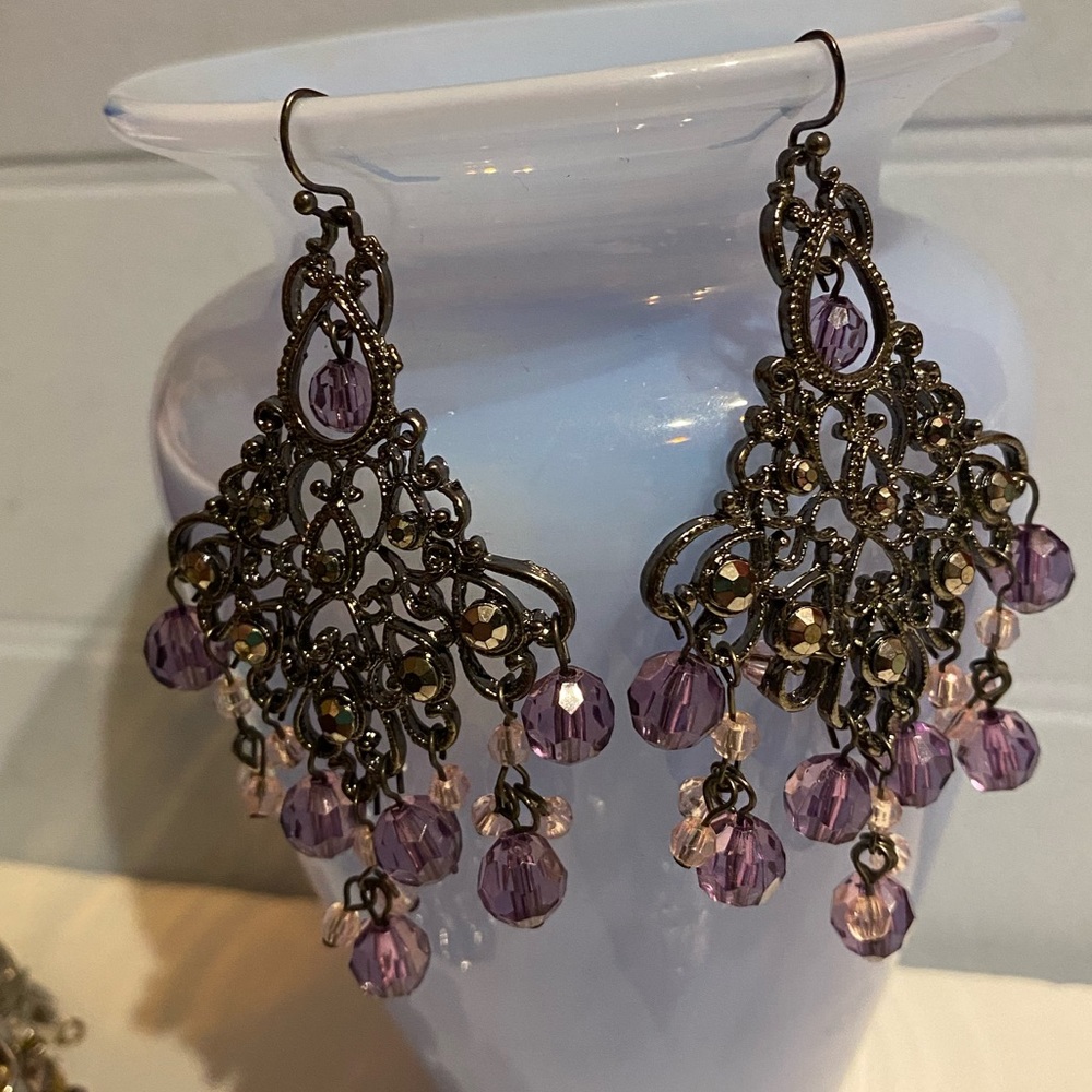 Chandelier dangle earrings pierced hook purple & silver/dark 3”